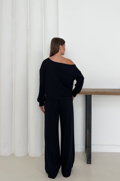moda poni Women's Modal Black Fabric Off-Shoulder Top and Bottom Set