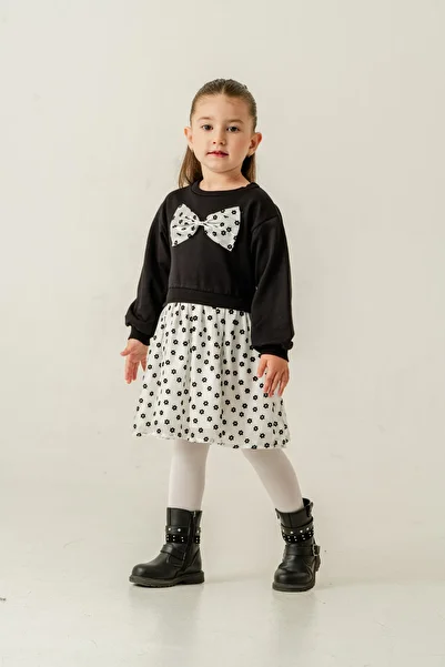 Eray Kids Girl's Black Lilac Bow Detailed Floral Patterned Dress (Age 3-5)