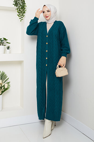 Pamuk Butik Women's Chain Knitted Button Closure Long Knitwear Cardigan