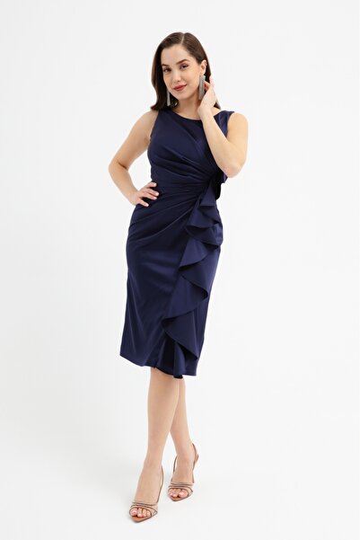 meksila kadın yuvarlak yakalı arkası v dekolteli kalem form saten düğün davet abiye