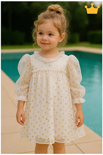 Babydola Star Tulle Detailed Girl's Dress Ecru