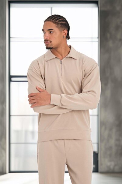 Valiberta Ανδρικό φούτερ Scuba Modal Fabric Relaxed Fit με μισό φερμουάρ και γιακά πόλο - Μπεζ