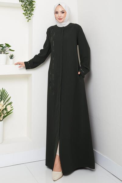 hafsamina Plus Size Ferace Khaki with Stones on the Front Hm2800