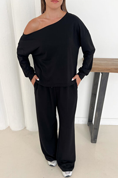 moda poni طقم نسائي من قماش مودال أسود اللون بدون أكتاف