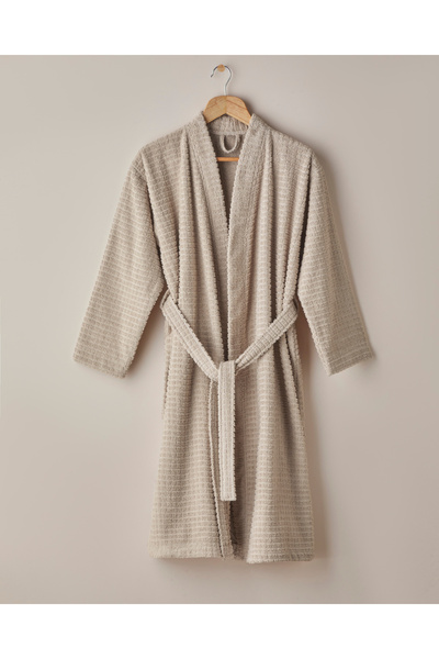 English Home Chequer Cotton Bathrobe S-M Beige