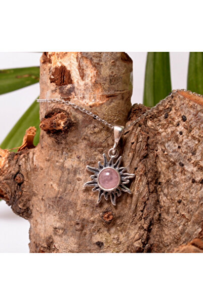 Taş-Mir Güneş Şeklinde Pembe Kuvars Taşı 925 Ayar Gümüş Kolye