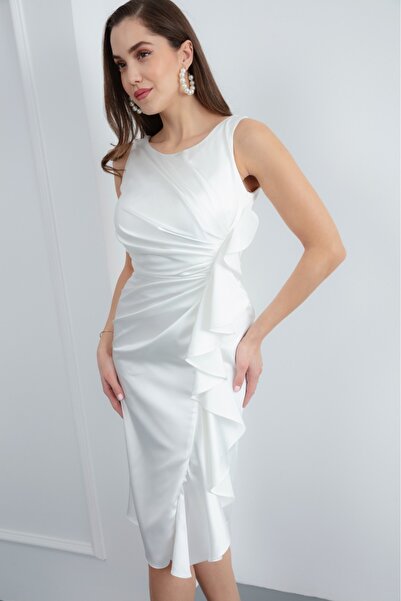 meksila kadın yuvarlak yakalı arkası v dekolteli kalem form saten düğün davet abiye