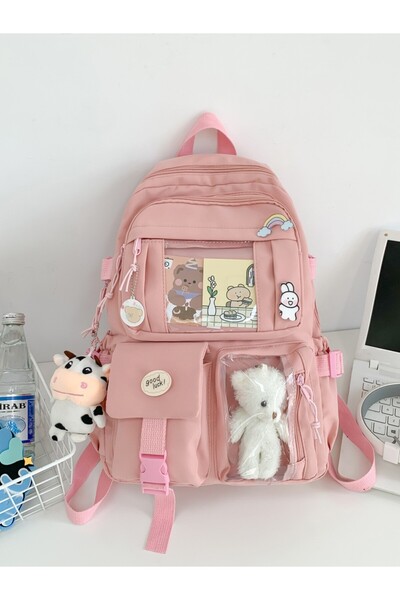 Buldug Rucsac cu buzunar transparent cu ursuleț de pluș |   Liliac, Roz, Negr...