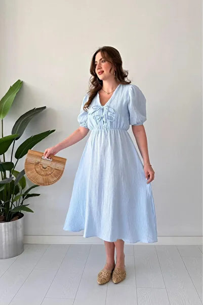 MaziButik Double Binding Muslin Dress Baby Blue