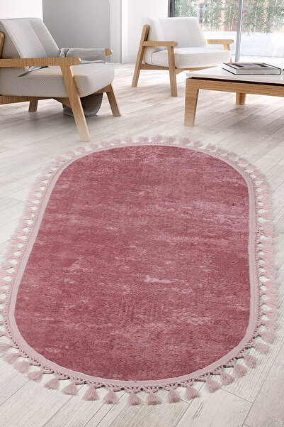 Bestekar Lunessa Pembe Oval Ponpon Saçaklı Kaymaz Taban Modern Yumuşak Yıkana...