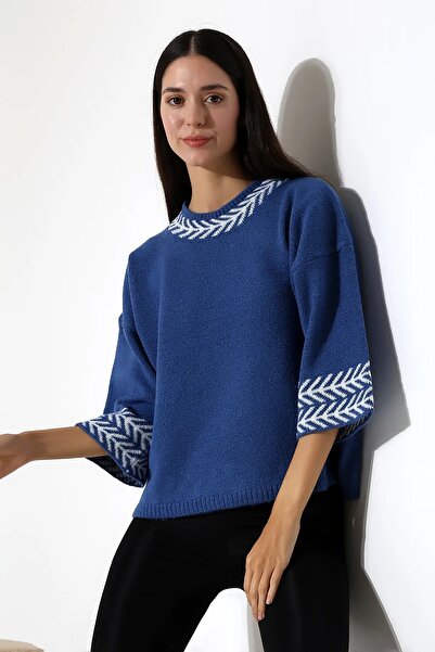 Madame Lestrange Crew Neck Half Sleeve Jacquard Panel Loose Comfortable Styli...