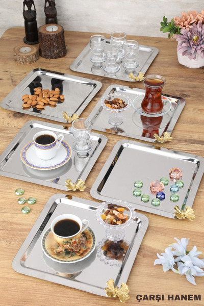 ÇARŞI HANEM Coffee and Multi-Purpose Presentation Tray Square Set of 6 with Stainless Silver Butterfly Accessories