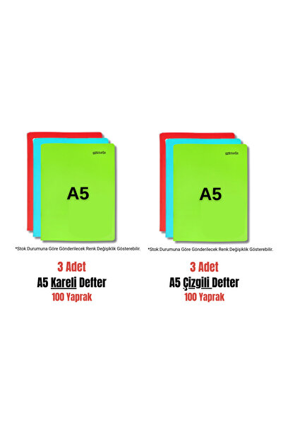uzaktangelir مجموعة دفتر ملاحظات Mynote A5 مكونة من 100 ورقة بغلاف بلاستيكي مخيط وخطوط + مربعات (3 + 3 قطع)