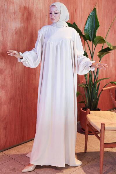 hafsamina Büzgülü Robalı Elbise Krem HM2501