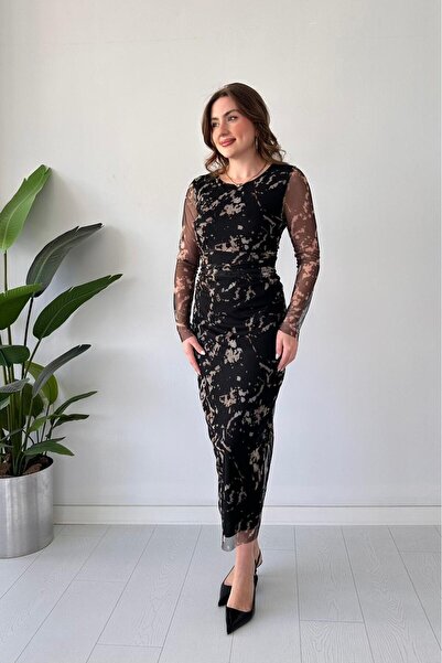 MaziButik Benekli Tül Elbise Siyah