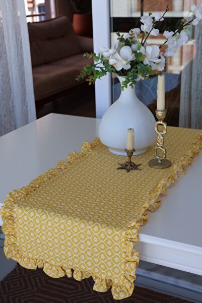 vintagetasarım Runner Floral Daisy Pattern Ruffled Vintage Duck Linen 40X130Cm