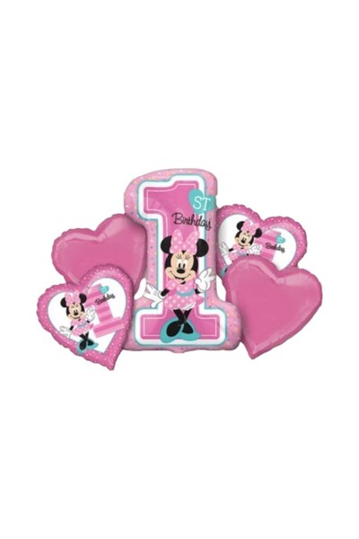 Minnie Mouse Bouquet of 5 foil balloons, first birthday 1 year, pink, Minnie Mouse