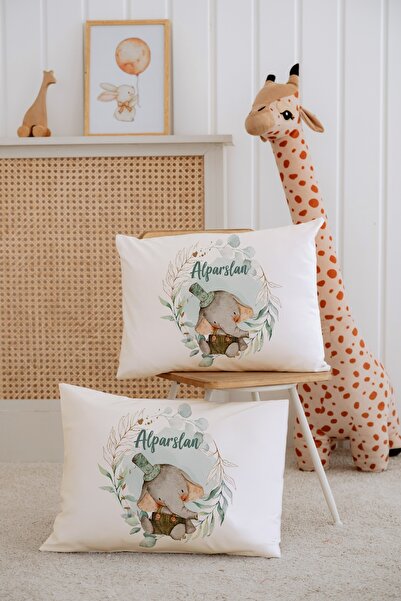 Lilabio %100 Pamuk İsme Özel 2li Ekru Bebek Yastık Kılıfı 35x45 cm-Sevimli Fil
