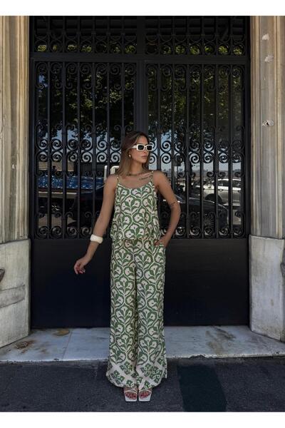 AlisaSu Green Ecru Jacquard Strap Blouse and Pants Set