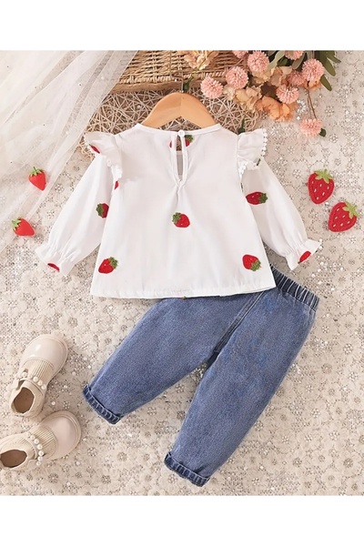 OEM Set White Blouse with Crocheted Strawberries and Jeans, 2-3 years, 92-98 cm