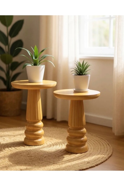 ASELYA HOME Doğal Ahşap 2’li Set Mantar Yan Sehpa Modern Vernikli Fiskos Zigo...