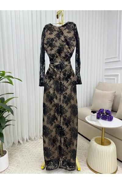 leevan fashion Elegant black lace evening dress with long sleeves