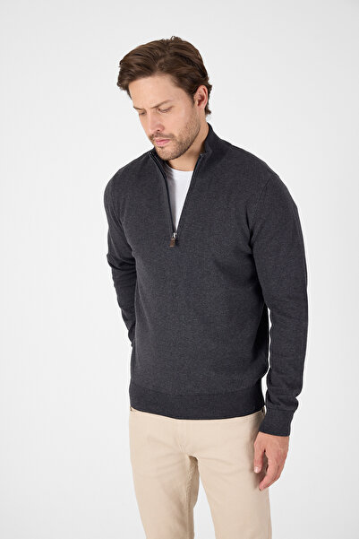 hateko Anthracite 100% Cotton Men's Half Zipper Stand Collar Knitwear Sweater