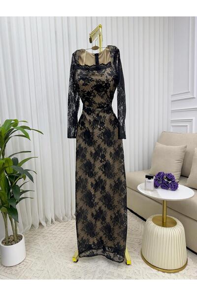 leevan fashion Elegant black lace evening dress with long sleeves