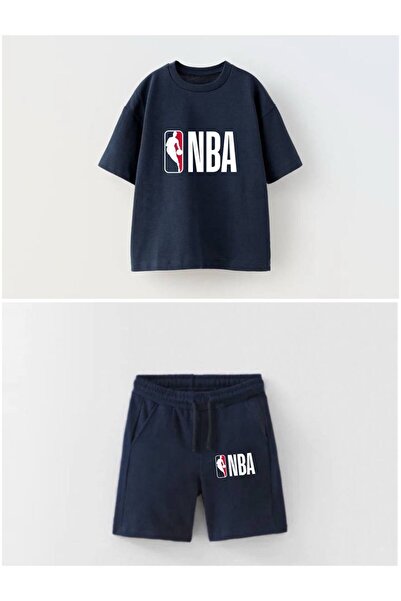 NOBLEKIDS طقم أطفال مطبوع عليه NBA - تي شيرت وشورت باللون الأزرق الداكن