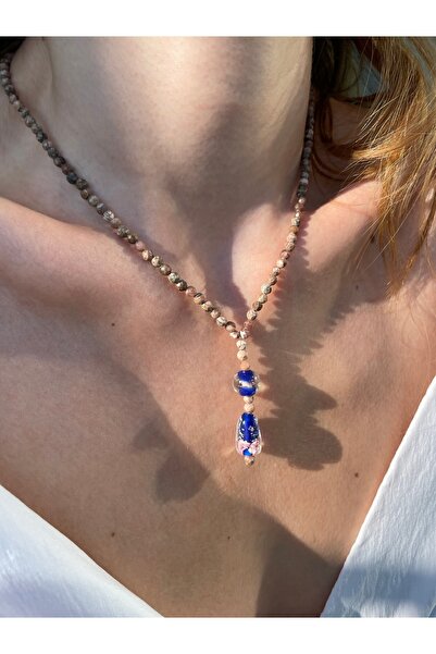 Hora Güllü Cam Boncuk Detaylı Doğal Taş Kolye