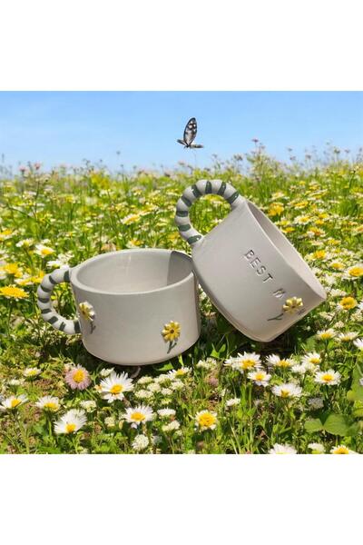 DDHANDMADE 2-Piece Handmade Ceramic Tea Coffee Cup Turkish Coffee Cup Mug Best Mom Daisy Teacher's Day