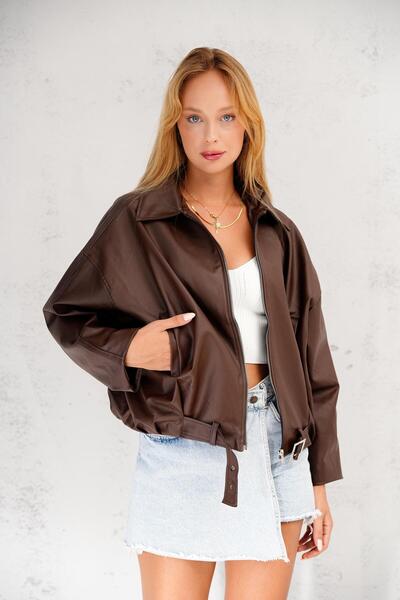02Lady Fashion Oversized Bomber Belted Zippered Leather Jacket