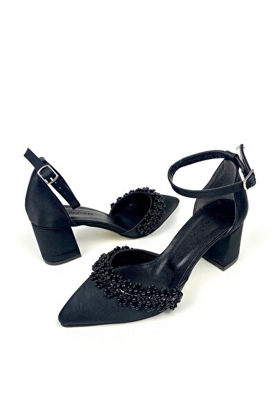 Gloriys Ayakkabı & Çanta Black Satin Shoes with Pearls 6 cm Heel 01314