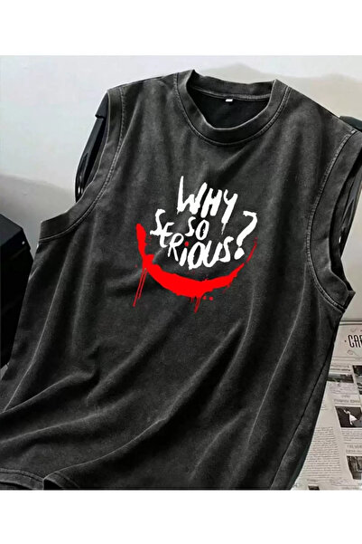 ellevana Why so Serious Sleeveless Tank Top Crew Neck Washed Vintage Unisex Oversize T-Shirt