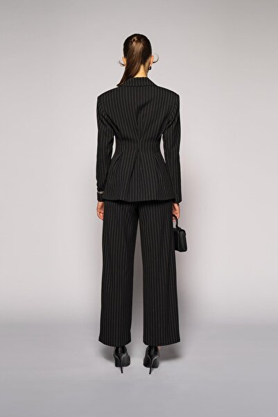 Thalure Kadın Siyah Yüksek Bel Çizgili Bol Paça Pileli Pantolon