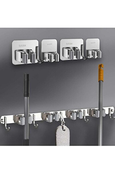 Generic AMROAH Stainless Steel 304 Wall Broom Mop Holder 5 Racks 4 Hooks, Heavy-Duty Anti-Slip Broom Mop Mo