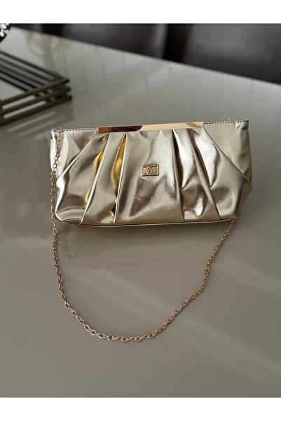 Mimoza Women's Shiny Gold Clutch Chain Hand and Shoulder Bag - Evening Bag