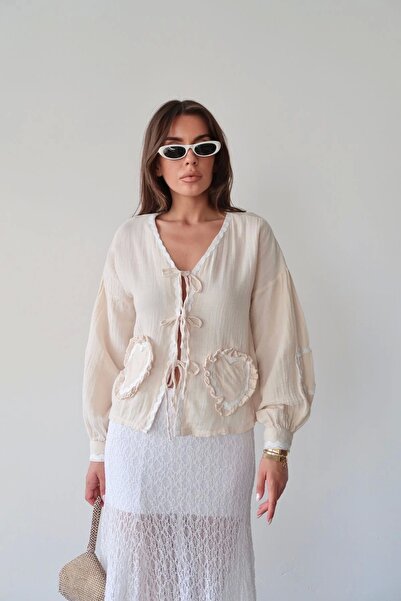 URİS Women's Cream Long Sleeve Tie Detail 100% Cotton Premium Muslin Blouse S...