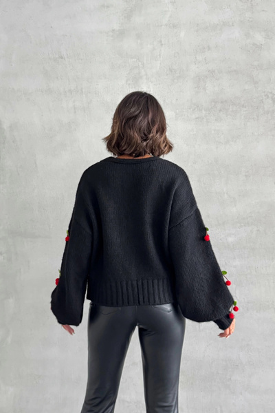 Lusin Women's Black Knitwear Cardigan with Cherry Accessories