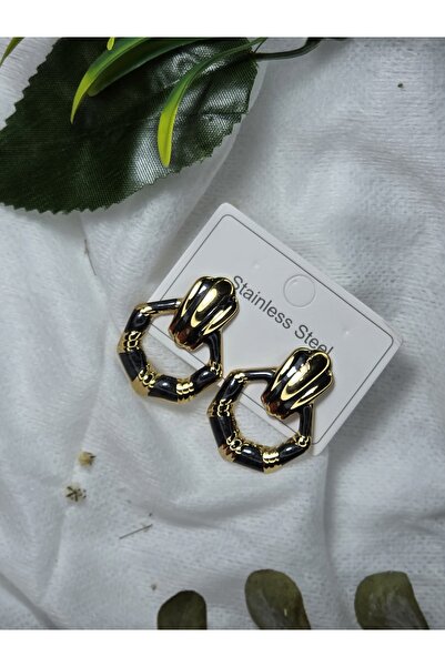 Siyah Gold Detaylı Halka Küpe