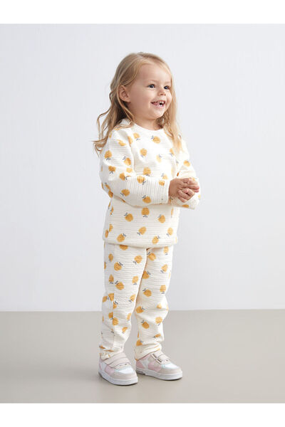 LC Waikiki Μπεζ φούτερ με λαιμόκοψη με τύπωμα και κολάν για κοριτσάκια, σετ 2...