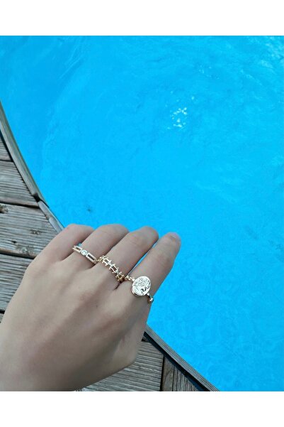 onse 3’lü Gold Paslanmaz Çelik Yüzük Eklem Yüzüğü Set Xuping Takı Altın Kapla...