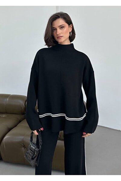 MAXXANA Half Turtleneck Oversize Sweater and Slit Wide Leg Pants Double Knitwear Set