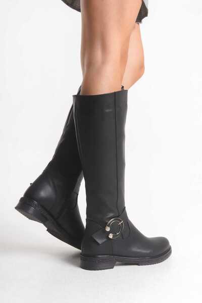 DYG STORE Black Moon Buckle Stylish Women's Boots 199307