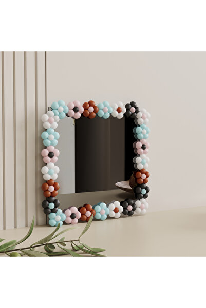 klubeconcept El Yapımı Ponpon Çerçeveli Kare Dekoratif Ayna 13x13 2'Lİ