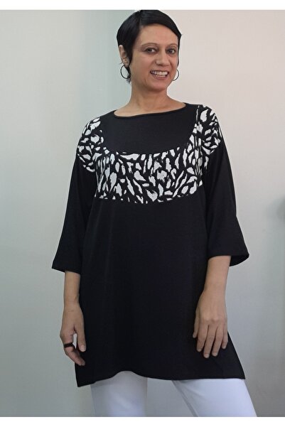 Mertcan Butik Black Boat Neck Front Robe Color Block Bat Three-Quarter Sleeve Loose Combed Cotton Viscose T-Shirt