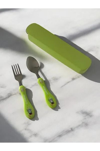 BuNeBox Children's Silicone Handle Figured Metal Tip Spoon and Fork - Food Spoon School Lunch Box Set