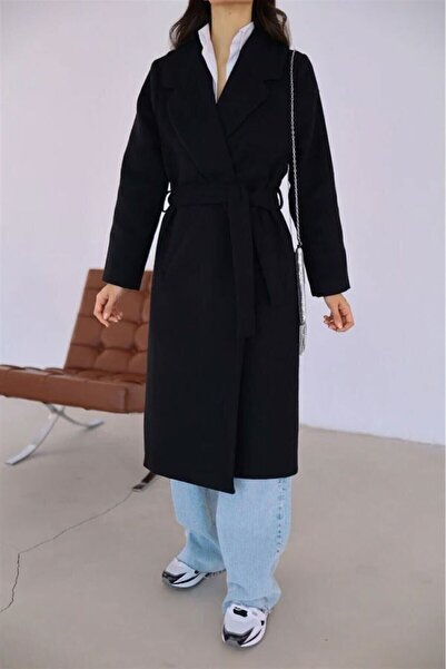 LİMABEL Women's Black Belted Lined Long Oversized Cashmere Coat with Pockets Beeke-9109