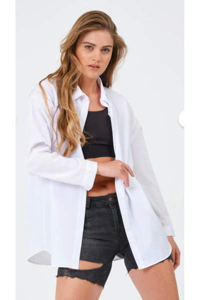 MODA Kadın Oversize Basic Uzun Gömlek - Beyaz