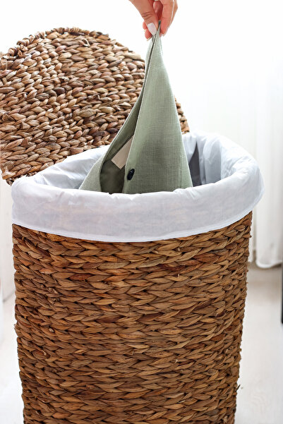 DECHAUS EL ÖRMESİ YARIM AY ASTARLI KAPAKLI KİRLİ SEPETİ HASIR BOHEM TARZI